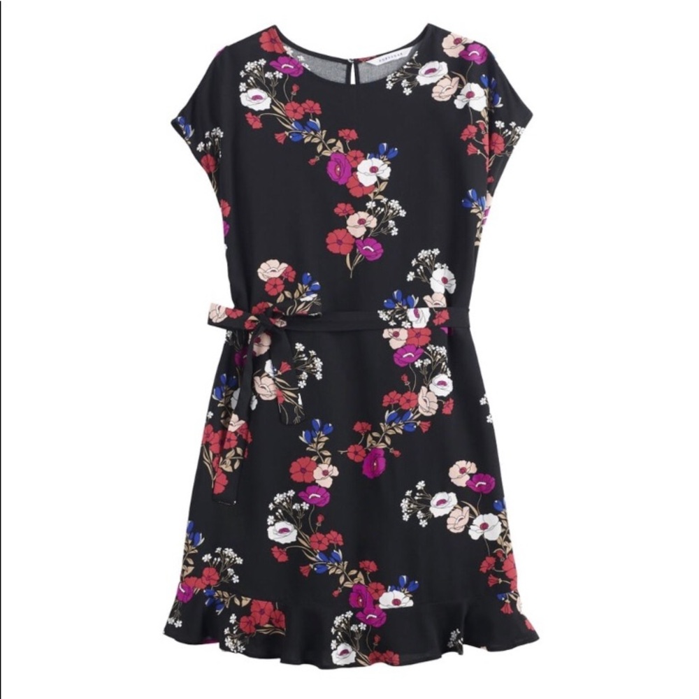 Popsugar Black Floral Tie Waist Dress